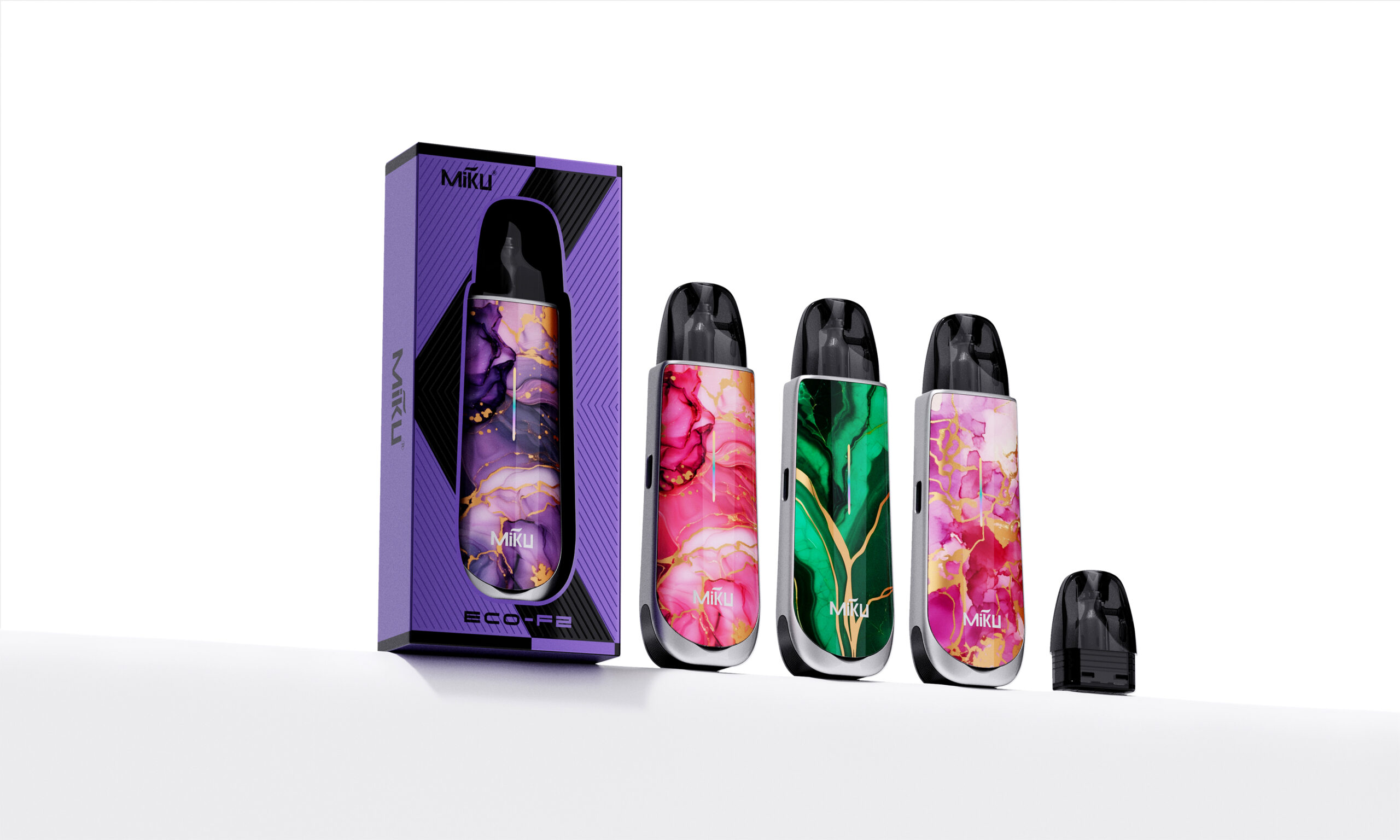 MIKU ECO-F2 in Purple Marble, Rose Red Marble, Emerald Marble, and Matte Black