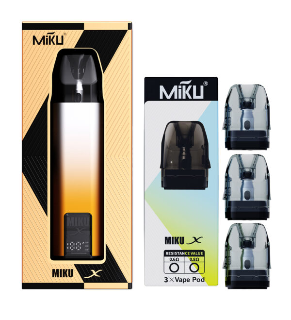 X PRO refillable vape pod kit with Sunset Orange device and three replacement pods