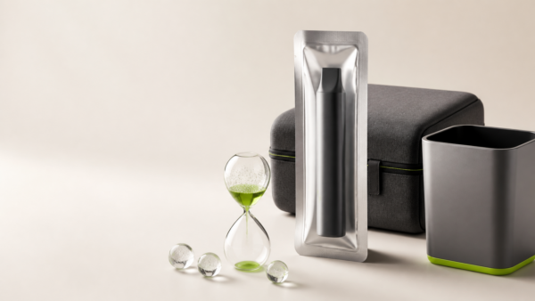 Sealed black vape device in silver packaging beside an hourglass, storage case and plain collection container