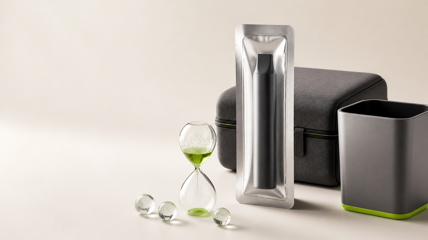 Sealed black vape device in silver packaging beside an hourglass, storage case and plain collection container