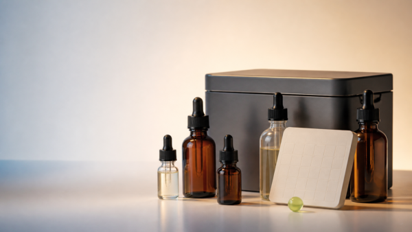 Amber and clear e-liquid bottles stored beside a closed metal case
