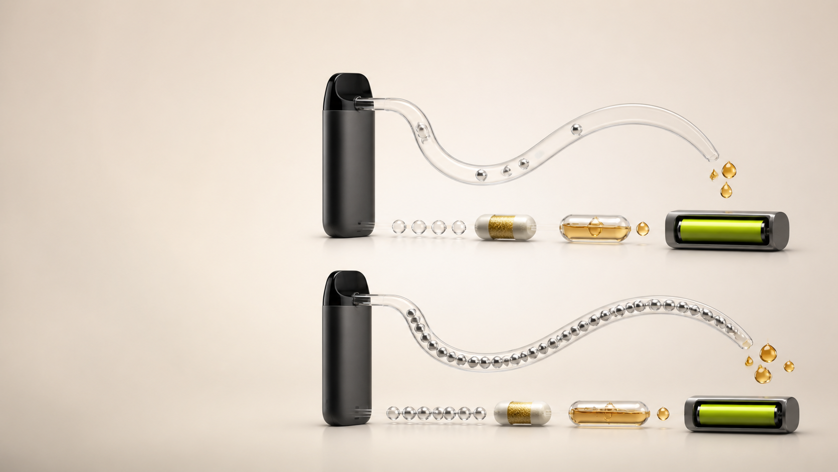 Two abstract black pod devices linked to flowing glass tubes, liquid droplets, capsules and green battery forms.