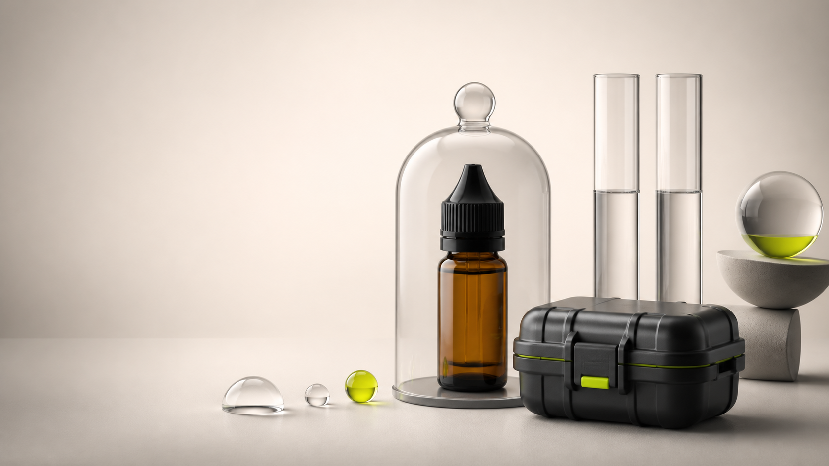 Amber dropper bottle beneath a glass dome beside clear cylinders, a black case and lime-green glass accents.