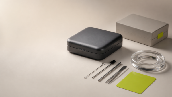 Black equipment case with inspection tools and a bright green service card