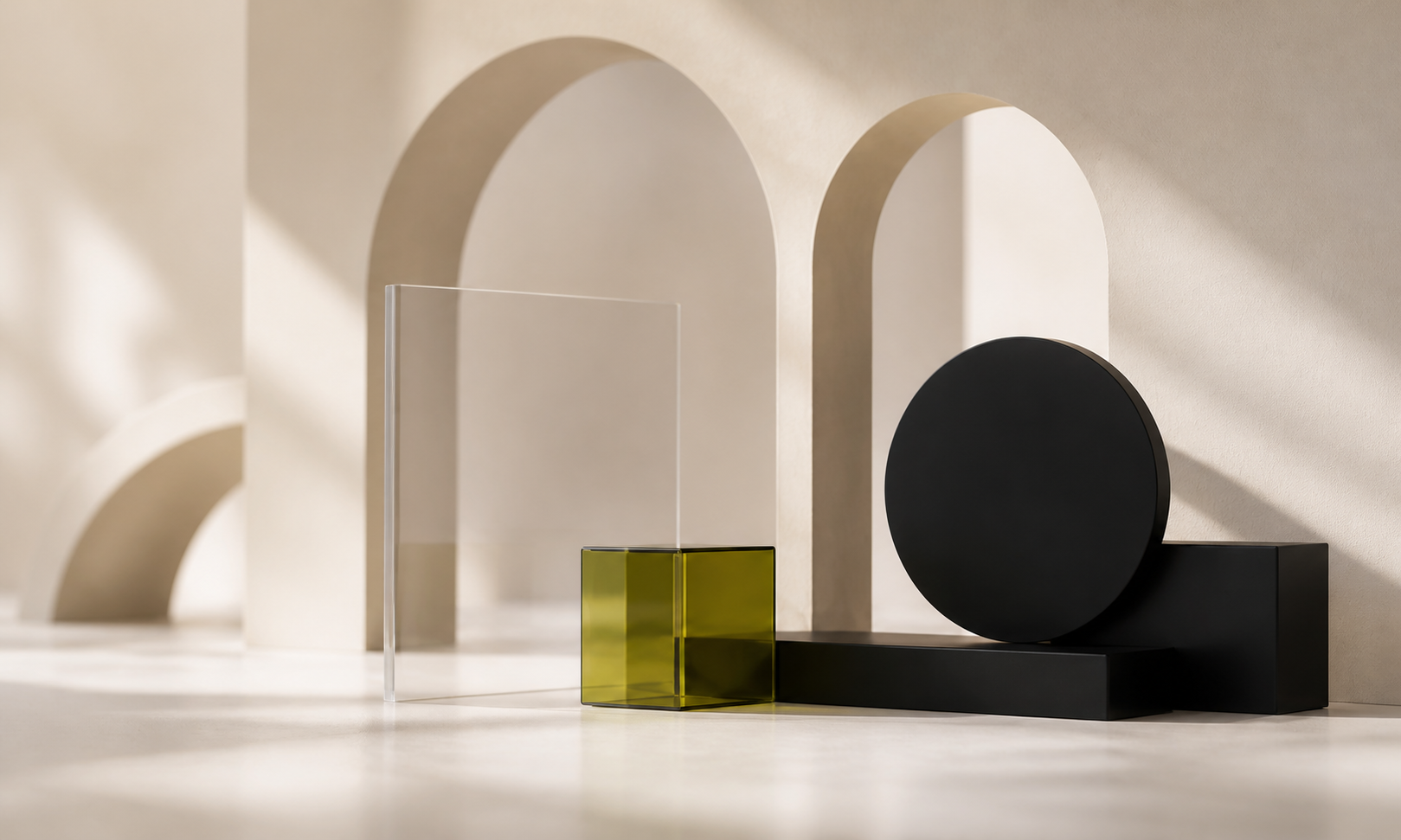 Warm ivory arches with black geometric display forms and a translucent lime cube